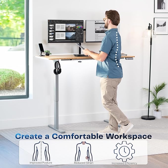 VIVO Electric 60 x 24 in Real Bamboo Standing Desk, Memory Height Adjustment, 1B Series, Holds 220 lbs, One-Piece Top, Gray Frame, DESK-KIT-1G6O