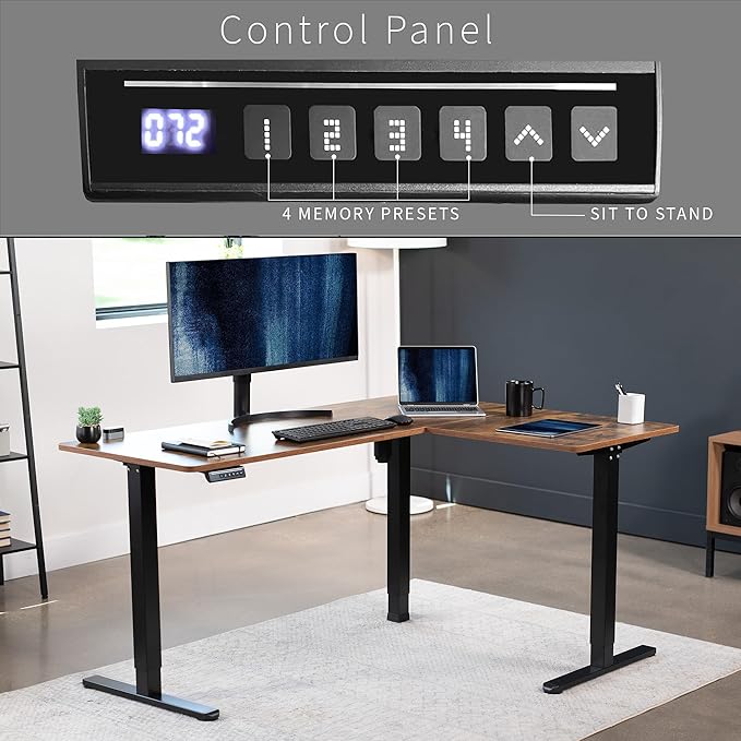 VIVO Electric Corner 63 x 47 inch L-Shaped Standing Desk, Memory Height Adjustment, Rustic Vintage Brown Top Black Frame, DESK-E3CTN-47