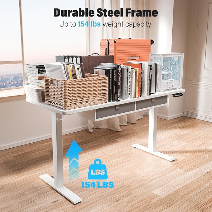 Kingant 40 x 24 Inch Electric Standing Desk with 4 Drawers, Height Adjustable Sit to Stand Computer Desk with Storage Shelf and C-Clamp Mount Compatibility for Home Office, White
