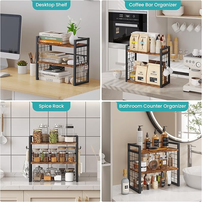 ELITEROO Desktop Shelf Organizer, 2 Tier Wood Desk Bookshelf, Desk Top Storage Rack for Office, Dorm, or Bedroom Decor, Small Tabletop Shelf for Books, Plants & Accessories, Rustic Brown
