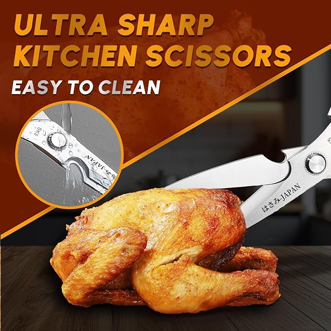 HUUSK Kitchen Scissors Set Silver - Stainless Steel Kitchen Shear, Sharp Meat Scissors Dishwasher Safe, Heavy Duty Poultry Shears, Japanese Cooking Scissor for Food, Christmas Gifts for Men Women