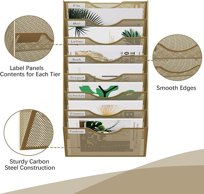 EasyPAG 8 Pocket Mesh Wall File Organizer, Hanging Paper Folder Holder with Classify Label, Vertical Wall Mount Mail Organizer for Office Home Classroom, Gold