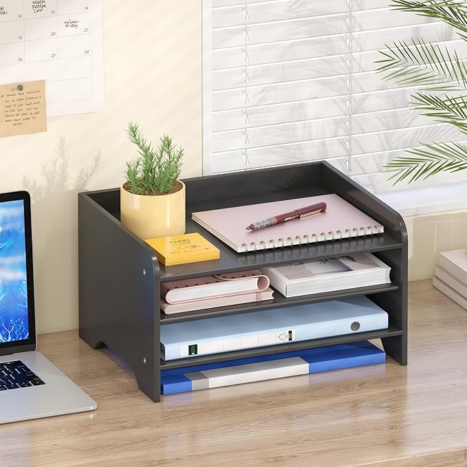 Wisuce Essentials Bamboo Desk Organizer Mail Holder Countertop Letter Tray Wood File Organizer for Desk Letter Sorter Wood Paper File Storage for School Home Office Supplies