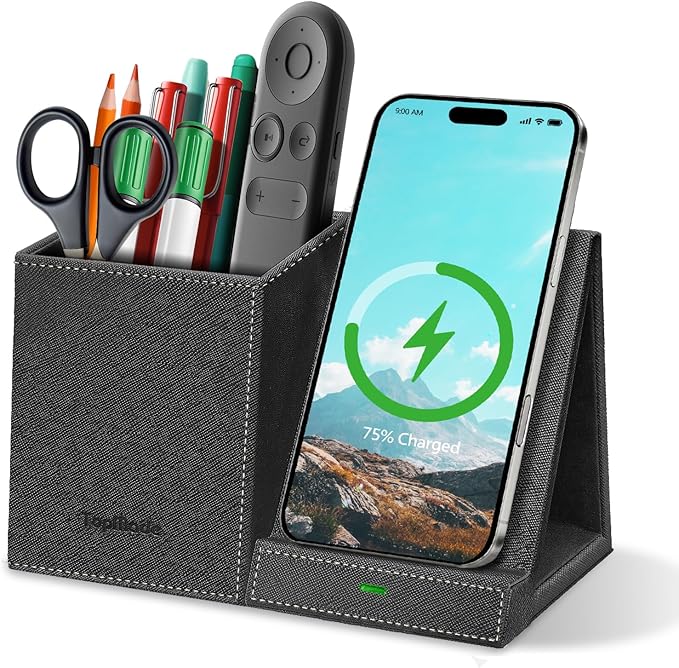 TopMade Wireless Charger with Pen Pencil Holder, Leather Mltifunctional Desk Nightstand Organizer, Fast Charging Station Remote Control Holder, Office Supplies Desk Accessories, Gifts for Men(Black)