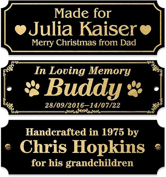 Caramel Sweet Life Personalized Name Plates, Black Engraved Plaque with Gold Text, Trophy Plates Engraved, Custom Name Plate with Adhesive Backing or Screws, 3" W x 1" H