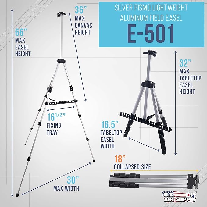 U.S. Art Supply 66" Silver Metal Tripod Easel Display - Adjustable 18"- 5.5', Holds 36" Canvas - Floor/Tabletop Easel Stand, for Sign Display, Painting, Poster Board, Canvas - Portable Bag