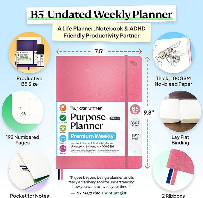 Roterunner Purpose Planner Notebook B5 7.5”x9.8” Undated 2026 Daily Weekly and Monthly Productivity Goal Setting Tool for Work Home ADHD Planner for Adults Self Care Journal (Pink Softcover)