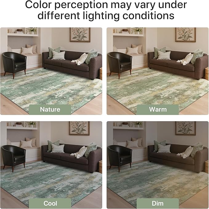 GENIMO No Crease Non Slip 9x12 Area Rugs for Living Room, Craft Woven Modern Abstract Rug, Soft Floor Carpet, Single-Piece Rugs for Bedroom, Dining Room, Office,Green Gray