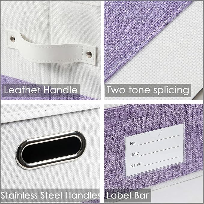 PRANDOM Storage Bins with Lids [3-Pack] Linen Fabric Foldable Storage Boxes Organizer Containers Baskets Cube with Cover for Bedroom Closet Office White&Purple (23.4X15.9X11.4)