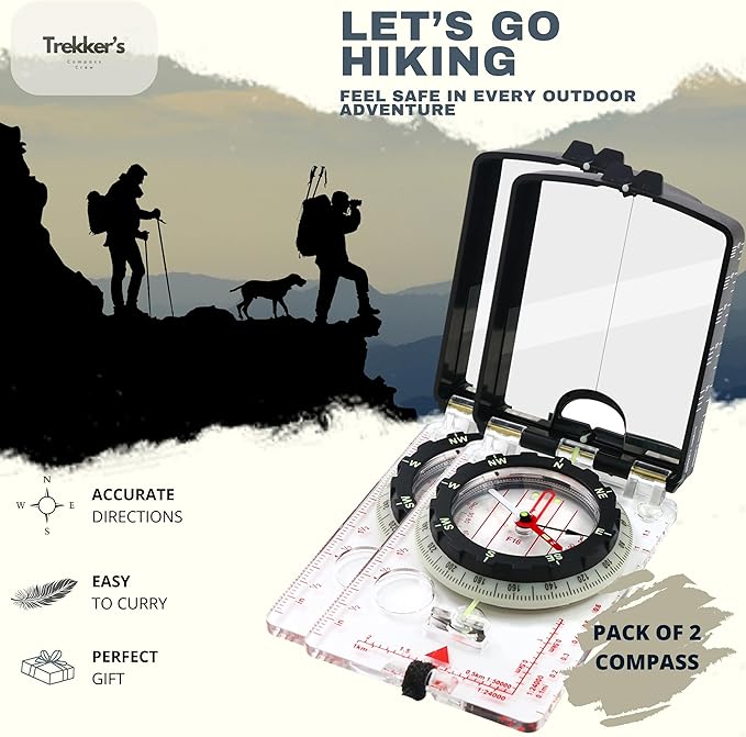 Trekker's Compass Crew Professional Military Lensatic Compass with Mirror, High-Precision Dial, Built-in Magnifier, Luminous Display for Hiking, Camping, Orienteering