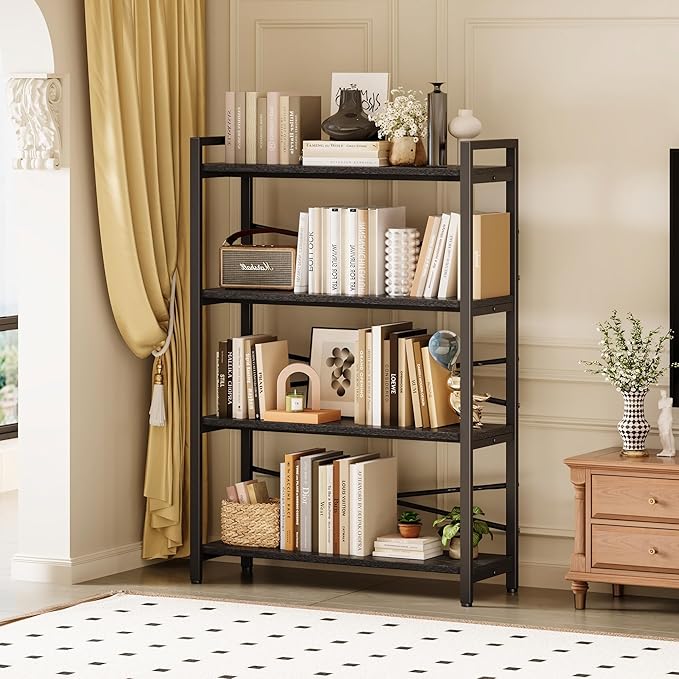 4 Tier Bookshelf 31.49" Width, Tall Book Shelf Storage and Organization, Wooden and Metal Industrial Bookcase, Large Book Shelves for Home Living Room Bedroom Office Storage(Black)
