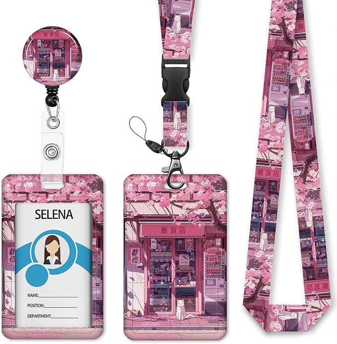 Cute Cat Lanyard for ID Badges, Retractable Badge Holder Reel with Detachable Vertical Card Holder, Kawaii Japanese Dessert Name Tags Gifts for Teachers, Nurses, Office Women