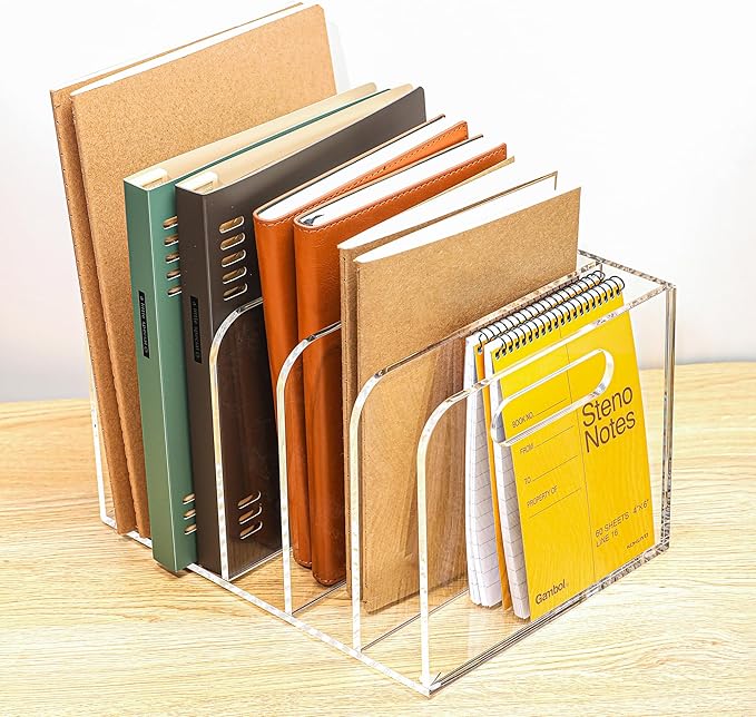 AIDIMOO Acrylic Magazine File Holder, 5 Vertical Compartments Desk Document Sorter Organizer, Clear Folder Rack Binder for Office/Documents/Classroom, for Home, Tablet, Magazines, Books & Accessories