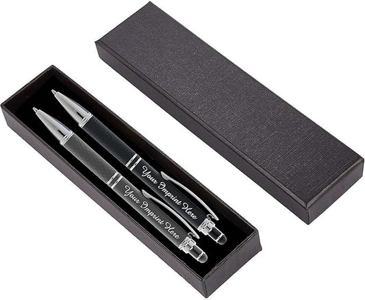 ExpressDesigns™ - Personalized Pens Gift Set - 2 Pack of Soft Touch Metal Pens w/gift box - Luxury Ballpoint Pen Custom Engraved with Name or Message (Black - Grey)