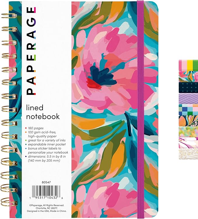 PAPERAGE Lined Spiral Journal Notebook, (Painted Floral), 160 Pages, Hardcover Journal for Women & Men, Medium 5.5 in x 8 in - 100 GSM, Thick Paper, Spiral Notebook for Work, School & Journaling