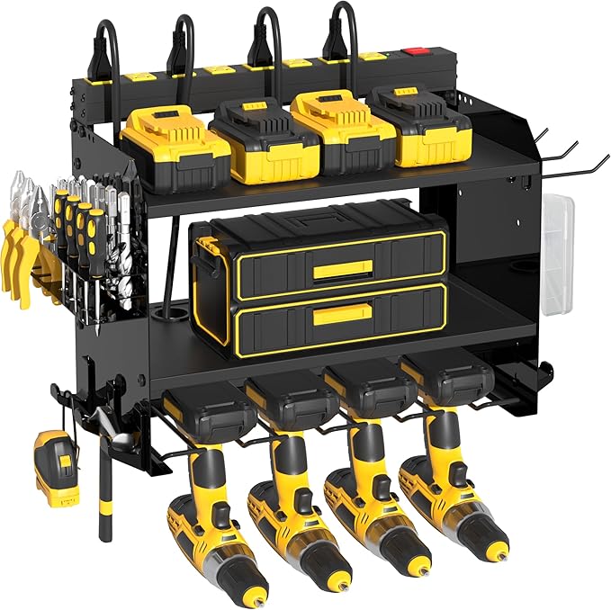 CFMASTER Power Tool Organizer Wall Mount with Charging Station-Heavy Duty Modular System with 4 Drill Holder,8-Outlet Power Strip,3 Shelves,Battery Racks,Hooks & Cord Management for Garage Workshop