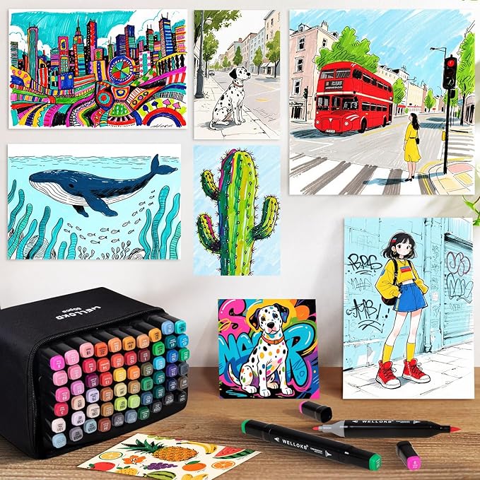 WELLOKB Alcohol Markers Set, 120 colors Alcohol Based Dual Tip, Broad and Fine Tip for Adult Coloring Books, Drawing, Sketching