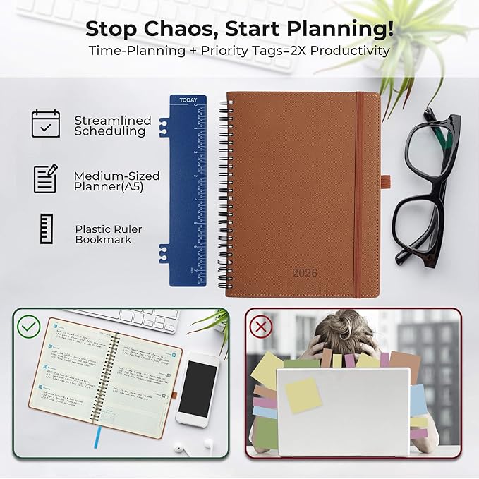 IN-LUXPRO Planner 2026 Daily Weekly and Monthly,8.5"x6.5",12 Months Spiral Bound Calendar Agenda with Self-adhesive Pen Holder,2026 Appointment Book with Vegan Leather Soft Cover,Brown