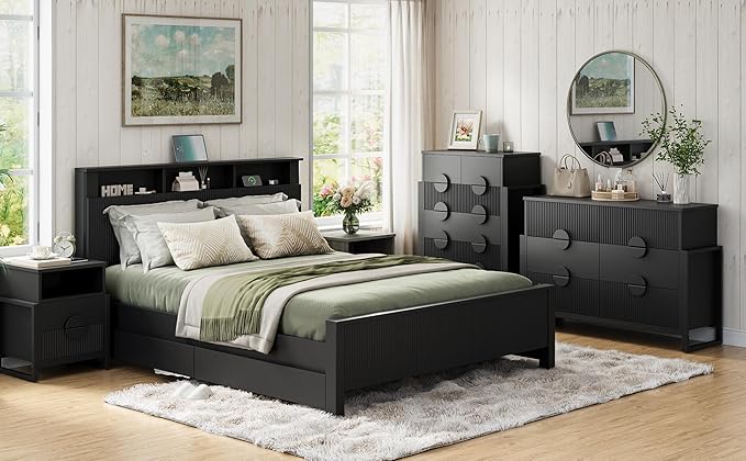 LGHM Fluted Dresser for Bedroom with 6 Drawers, Modern 6 Drawers Dressers with Semicylinder Fluted, Solid Chest of Drawers, 44.5" Tall Dresser with Stable Steel Frame, Metal Handles, Black