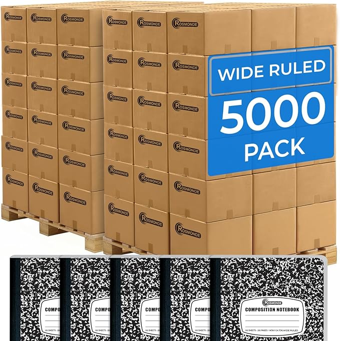 Rosmonde 5000 Pack (Pallet) Composition Notebooks Bulk, Wide Ruled, Jumbo Pallet of Composition Notebooks, 100 Sheets (200 Pages), 9-3/4 x 7-1/2, Bulk Supplies for School & Office, 4-7 Days Transit