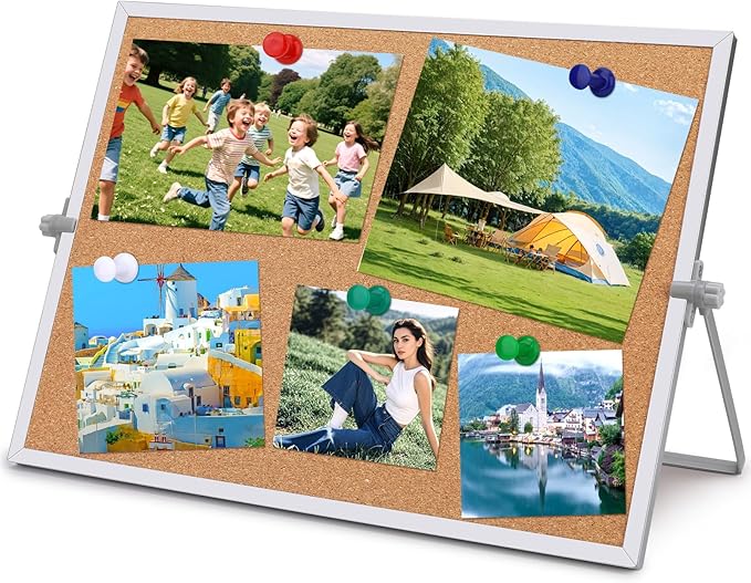 kdafio 11.81"×15.74" Cork Board Bulletin Board, Double Sided Pin Board with Silver Aluminum Border, Desktop Small Cork Board with Stand Suitable for Home, Office, Desk Message Board or Picture Board