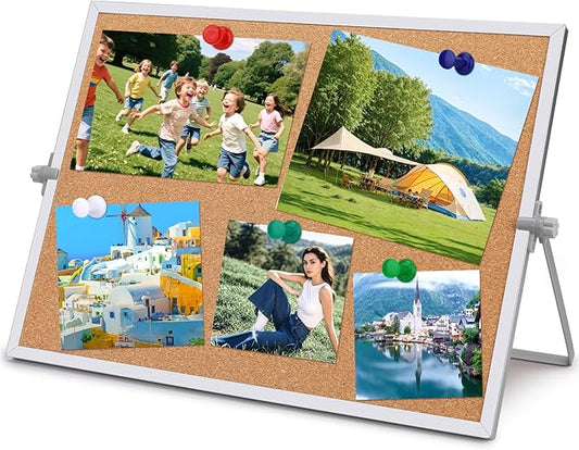 kdafio 11.81"×15.74" Cork Board Bulletin Board, Double Sided Pin Board with Silver Aluminum Border, Desktop Small Cork Board with Stand Suitable for Home, Office, Desk Message Board or Picture Board