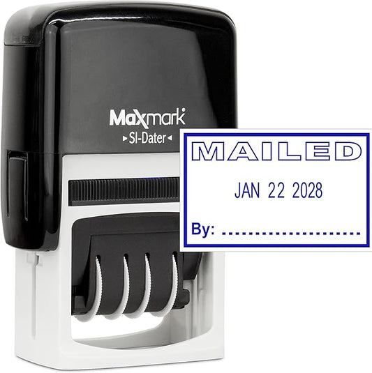 MaxMark Office Self Inking Date Stamp with Phrase Mailed - Blue Ink