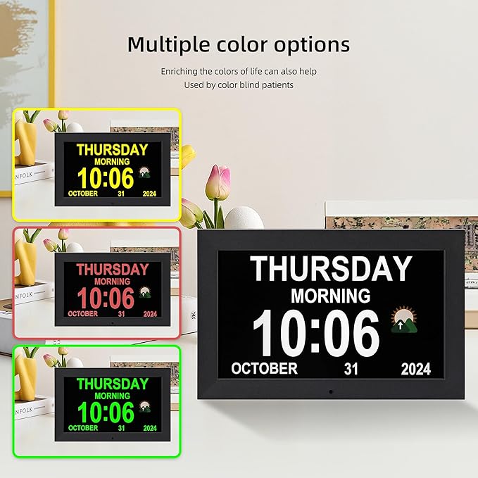 Memwake Digital Alarm Clock, Multiple Alarm Functions, Clock with Date and Week, Digital Alarm and Electronic Calendar for Seniors (White, 7 inch) (10-inch Black)