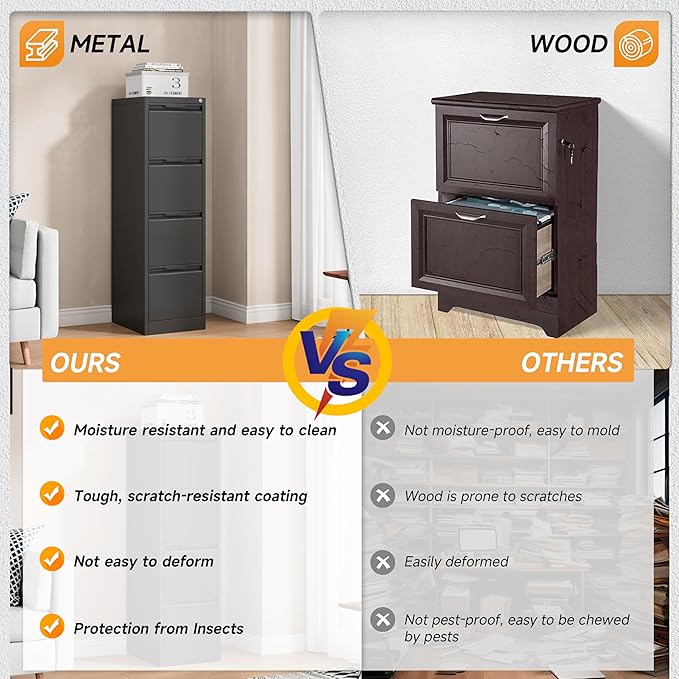 Bestoo 4-Drawer File Cabinet with Lock, Metal Filing Cabinet for Home Office, Vertical Filing Storage Cabinets, Fits File Folders, Letter/Legal/F4/A4 Size, Assembly Required (Black)