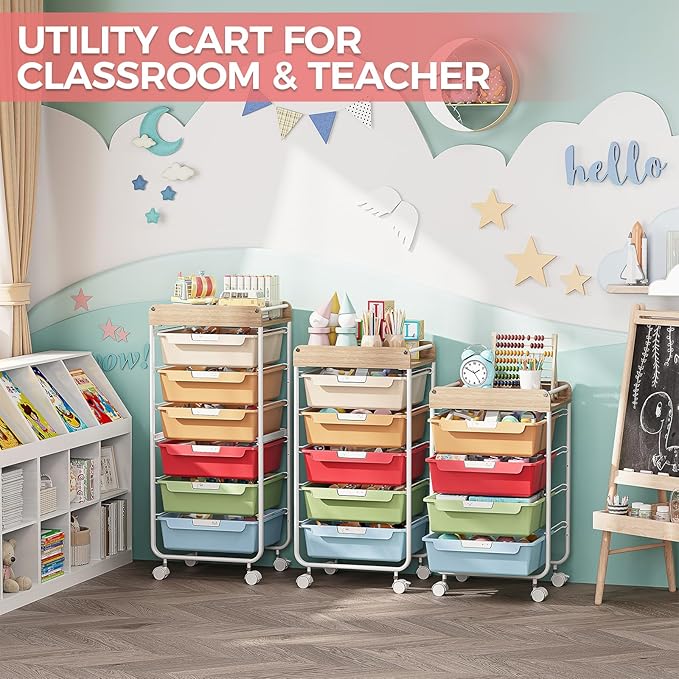 Rolling Storage Utility Cart With 6 Drawers,Art Supply Craft Organizer,Sewing Makeup Organizer And Storage,Office Organization Wooden Tabletop,Rainbow