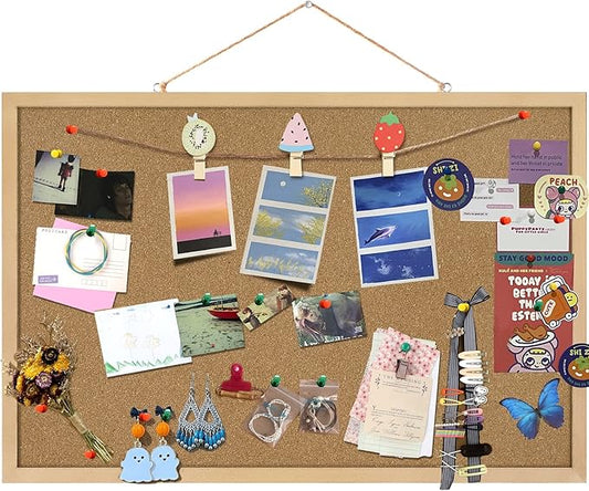 Cork Board Bulletin Board 23 x 15.7Inches with Rectangle Wooden Frame Hanging Pin for Walls Office Message Board or Vision Board Decoration