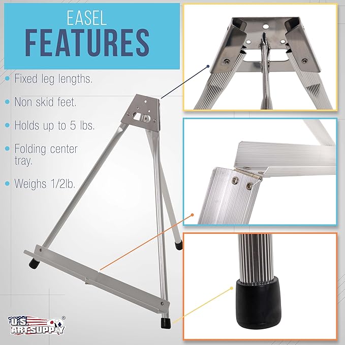 U.S. Art Supply 15" High Aluminum Tabletop Display Easel for Painting, Adjustable Folding Stand - Portable Art Easel for Displaying Canvas, Whiteboards, Posters, Signs, Pictures, Paintings