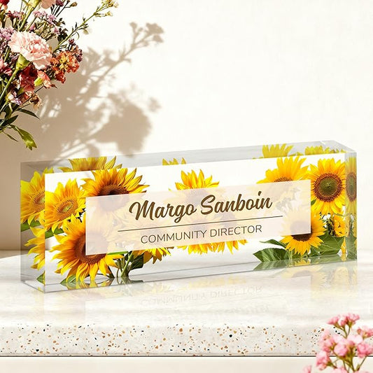 Ship Next Day-Custom Name Plate for Desk, Desk Name Plate Personalized, Acrylic Office Desk Accessories, Appreciation Gifts for Coworkers Employee Boss Teachers Women Men (Sunflower)