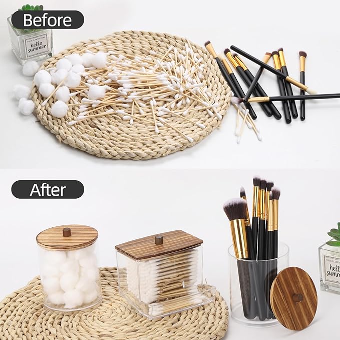 Tbestmax Qtips Dispenser Bathroom Container, 10/12 oz Big Cotton Ball Holder, Apothecary Jar Organizer for Storage Cotton Swab, Round Pads, Floss Picks (Brown Wood Lids)