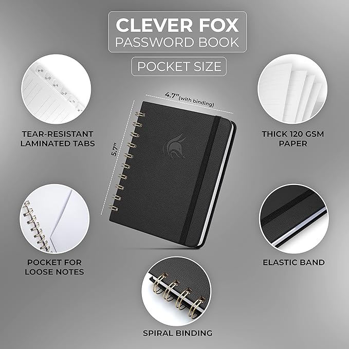 Clever Fox Password Book Spiral – Mini Internet Address & Password Organizer with Laminated Alphabetical Tabs – Small Password Keeper Journal – Hardcover, Pocket Size, 4.7x5.7” (Black)
