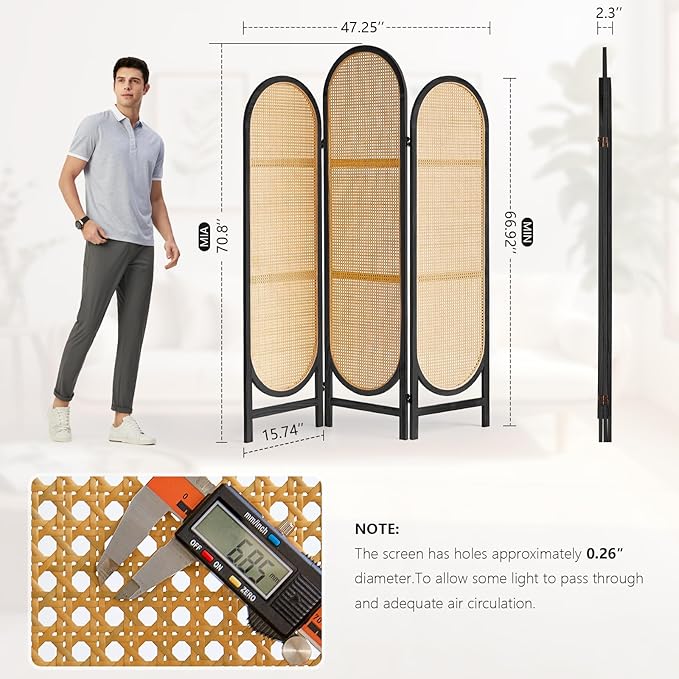 Asnefeli Room Divider 3 Panel, Hand-Woven Rattan Room Divider with Wooden Frame, Unique Design Foldable Privacy Screen, Portable Freestanding Partition Screen for Home Office, Bedroom, Black