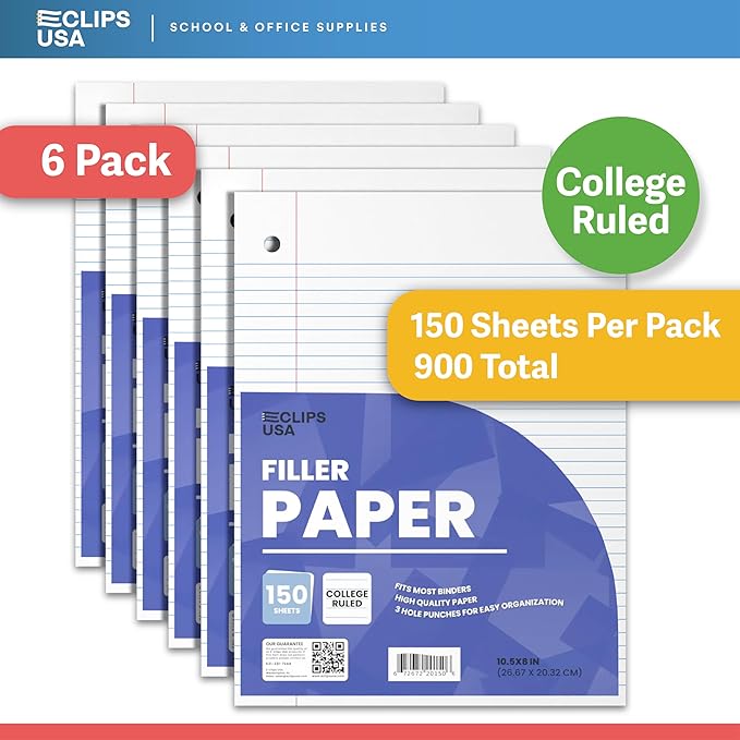Loose Leaf Paper College Ruled Notebook Paper College Ruled Lined Writing Filler Paper 10.5” x 8” 900 Sheets 150 Sheets Per Pack 60 gsm (6 Pack)