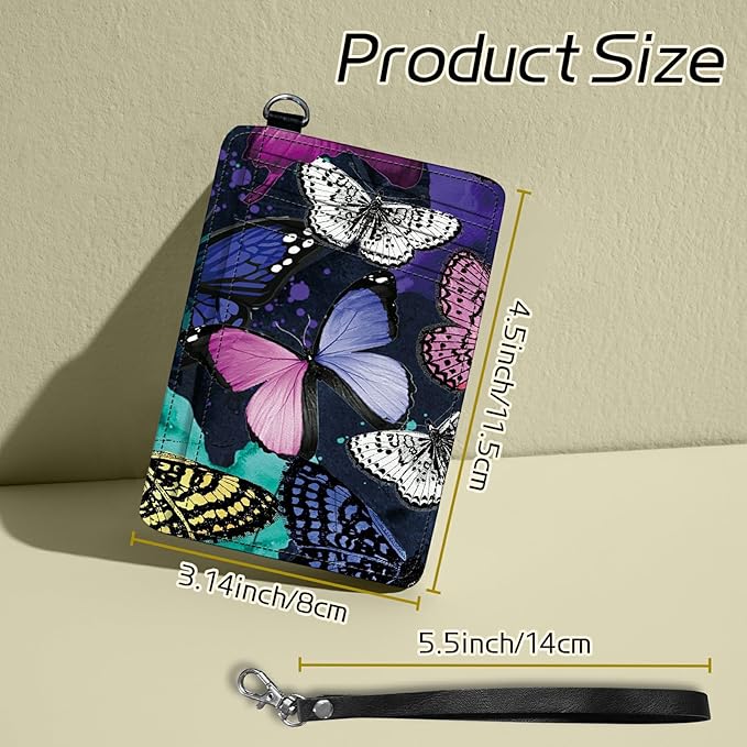 BWEGRHE Small Travel Wallets, Color Butterfly Slim Minimalist Front Pocket Wallet with Wristlet, RFID Blocking PU Leather Credit Card Holder with ID Window Change Purse for Men Women