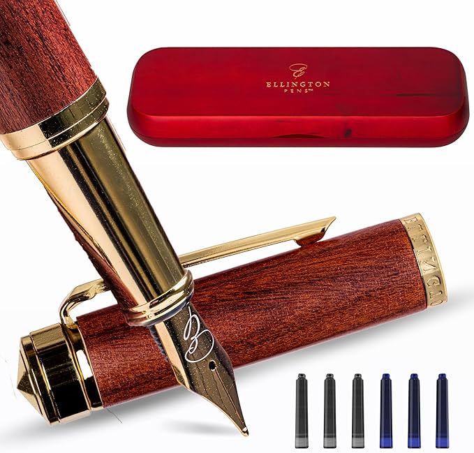Ellington Pens Luxury Wood Fountain Pen Set – Fine Nib - Includes 6 Ink Cartridges, Wooden Pen Gift Box, Ink Converter - Wood Pen For Writing, Calligraphy, Journaling, Drawing (Rosewood Radiance)