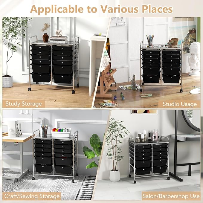 HAPPYGRILL Happygrill 12-Drawer Rolling Storage Cart, Multipurpose Organizer Cart for Home Office School, Utility Cart with Wheels, (Black)