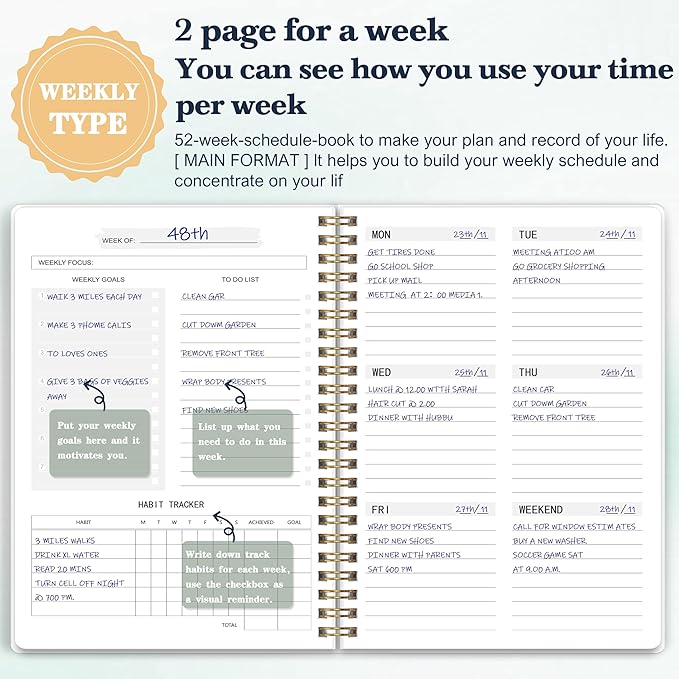 Undated Weekly Planner - Weekly Goals Notebook, A5 To Do List Planner, Habit Tracker Journal with Spiral Binding Floral Cover
