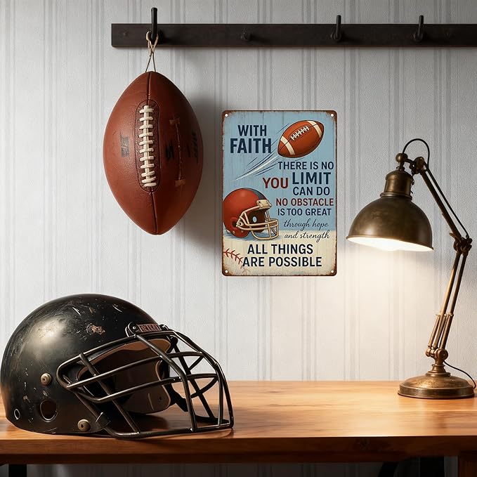 With Faith Football Metal Sign – Vintage Christian Sports Wall Art for Locker Room, Bedroom, or Gym – Motivational Gift for Athletes, Coaches, and Football Fans (FOOTBALL)