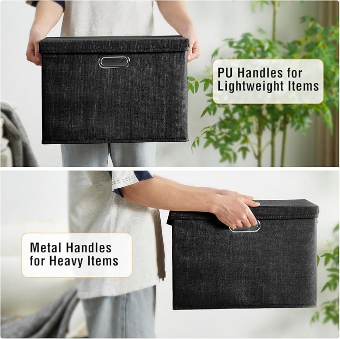 Roobyl 17" Large Collapsible Storage Bins with Lids, Stackable Closet Organizers with PU Handle and Labels, 3-Pack Decorative Fabric Storage Boxes for Home, Bedroom, Closet, Office, Nursery(Black)