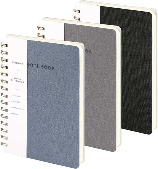 Spiral Notebook-5.75" x 8.125" College Ruled Journal with Inner Pockets and 160 Pages,PU Leather Cover Business Journal, Twin-Wire Binding Notebook Perfect for Office & Home School Supplies 3 pack Reefblue/Grey/Black