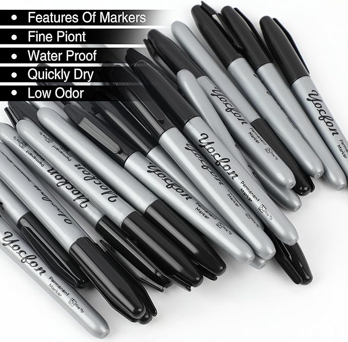 Yocfon Permanent Markers Bulk, 144 Count Black Permanent Markers Set, Fine Tip, Waterproof Markers, Works On Plastic, Wood, Stone And Metal For Doodling, Marking