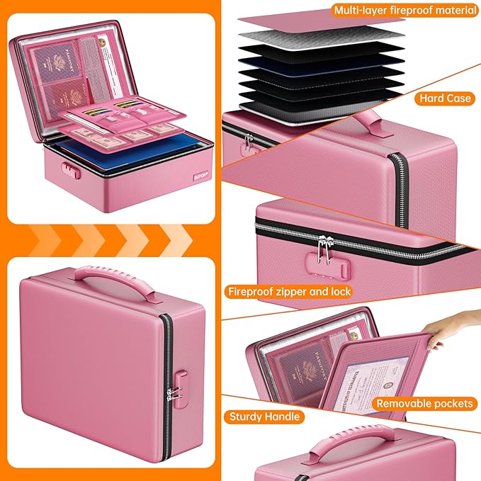 ENGPOW Fireproof Document Box, Hard Case File Box with Fireproof Zipper＆Lock, 6400°F Heat Insulated Fire and Water Resistant File Organizer Storage Safe for Important Documents Laptop Cash, Pink