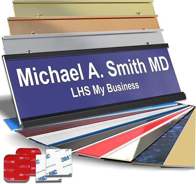 Personalized Name Plate with Choice of Mounting Holders for Walls, Doors, Cubicles, Hanging and More - Custom Purple Plastic White Letters - USA Made 2x10 - B13