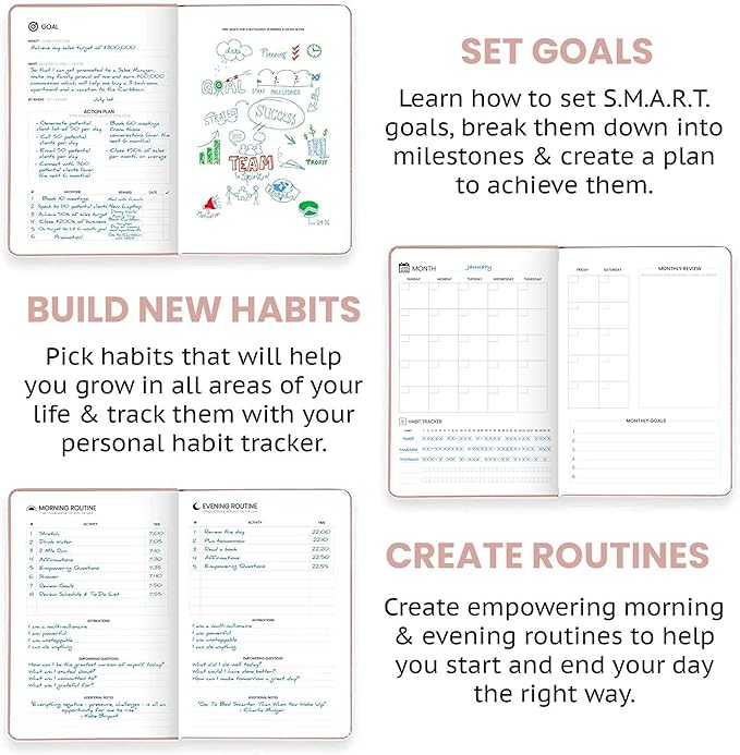Wyze Planner Undated Daily Planner – 1-Year B5 Productivity Organizer with Two-Page Weekly Spread, Goal Setting, Habit Tracker, Weekly & Monthly Pages – Hardcover Time Management Notebook (Rose Gold)