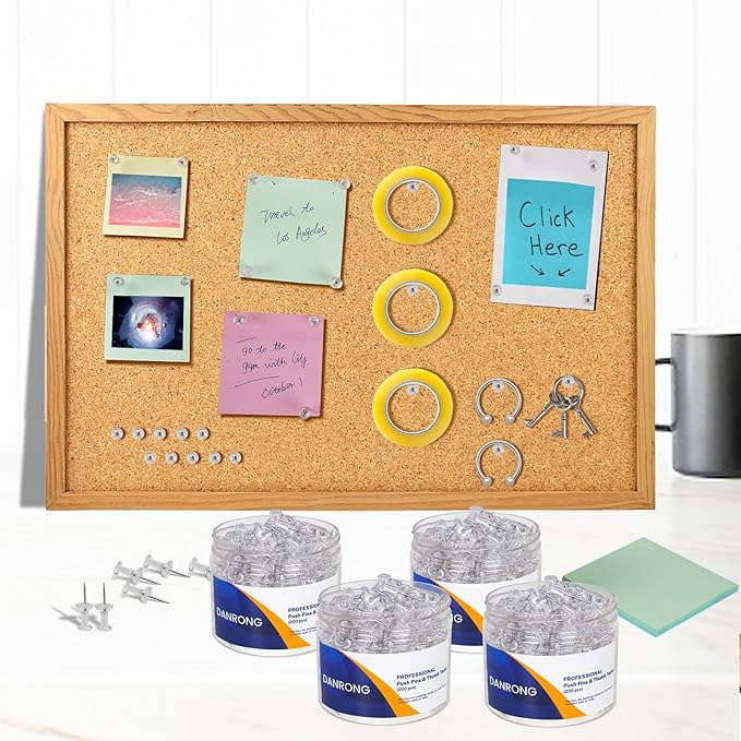 DANRONG 800 PCS Clear Push Pins, Standard Thumb Tacks for Bulletin Board, Steel Point and Clear Plastic Head, Pin Tacks for Wall Cork Board Maps Photos Calendar Hangings, Office School Supplies