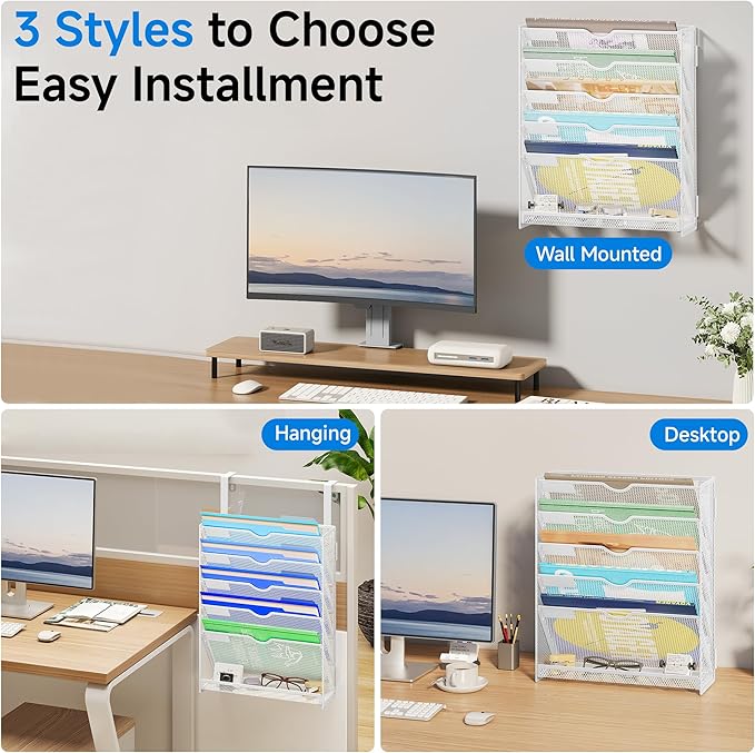 Lavatino 6-Tier Hanging File Organizer, Wall Mount File Holder for Mails Folders Papers Magazine Organization, Vertical Document Organizer for Office Home - (White)